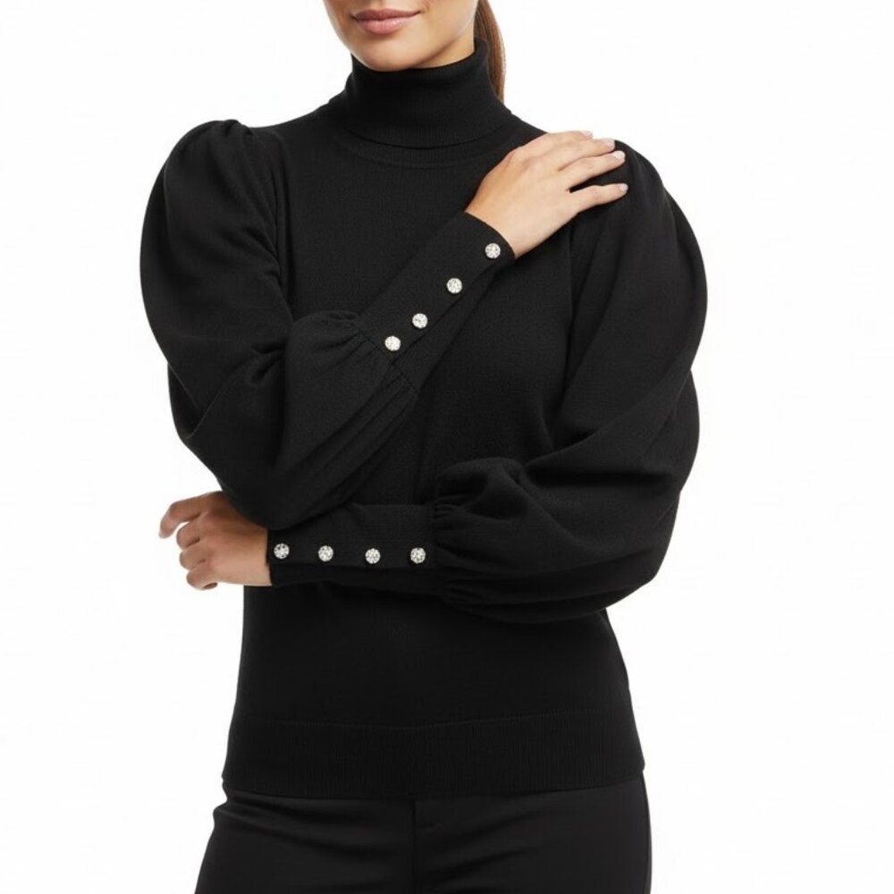 Mango Turtleneck Sweater Black Puff Sleeve Rhinestone Buttons Knit Top XS